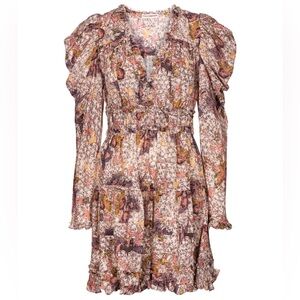 ULLA JOHNSON • Julie Floral Ruffle Long Sleeve Mini Dress XS 0 2